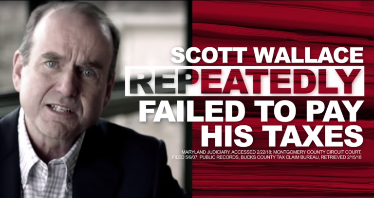 A still from a recent campaign ad attacking Pa. Dem. congressional candidate Scott Wallace (YouTube)