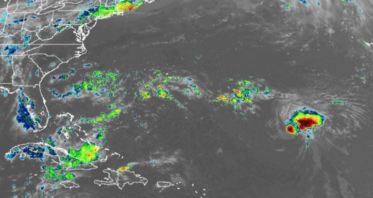 In this Thursday evening NOAA infrared satellite image, Hurricane Florence is in the lower right portion of the frame. 