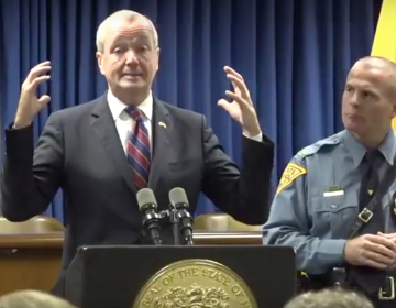 New Jersey Governor Phil Murphy, flanked by New Jersey State Police Superintendent Col. Patrick J. Callahan, speaks about storm preparations at a Tuesday afternoon press conference in Newark. (Screencap/Governor's Office)