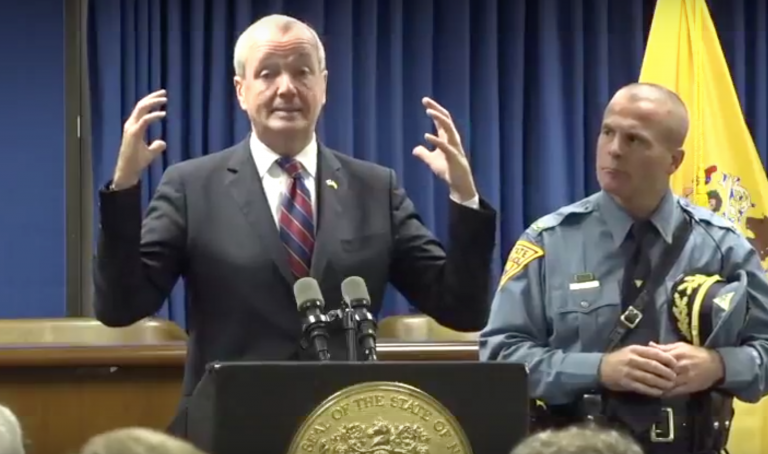 New Jersey Governor Phil Murphy, flanked by New Jersey State Police Superintendent Col. Patrick J. Callahan, speaks about storm preparations at a Tuesday afternoon press conference in Newark. (Screencap/Governor's Office)