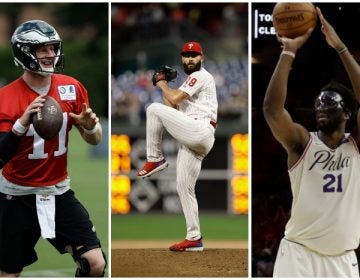 from left to right: Carson Wentz, Jake Arrieta, Joel Embiid (AP)