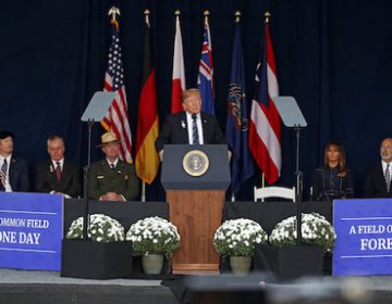 President Donald Trump speaks during the 9/11 Flight 93 memorial service in Shanksville, Pa., Tuesday. (AP Photo/Gene J. Puskar)