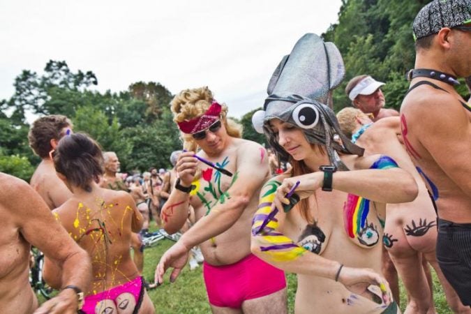 Body paint was a popular accessory at the Philadelphia Naked Bike Ride. (Kimberly Paynter/WHYY)