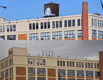 The Electric Factory sign in 2013, (top) and Wednesday, signless (bottom). (Emma Lee, Kimberly Paynter/WHYY)