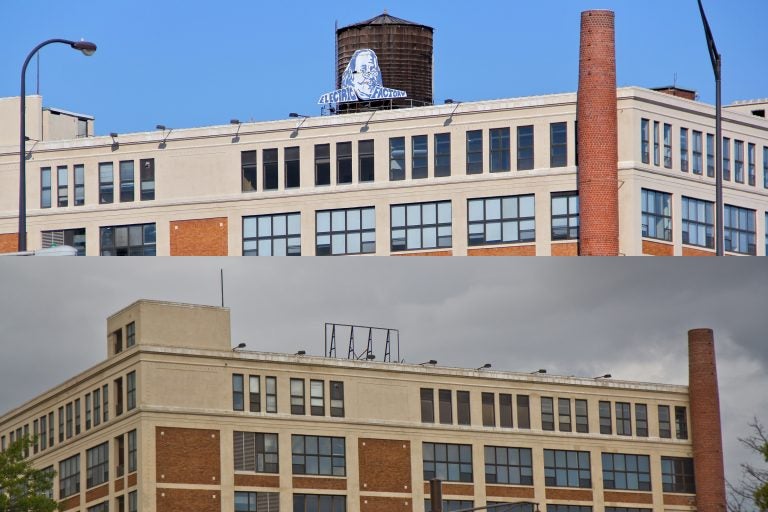 The Electric Factory sign in 2013, (top) and Wednesday, signless (bottom). (Emma Lee, Kimberly Paynter/WHYY)