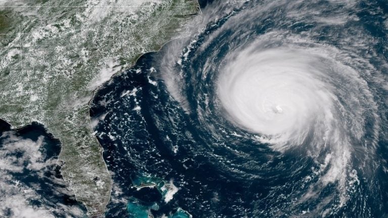 Hurricane Florence will bring tropical storm conditions to North Carolina and South Carolina on Thursday and hurricane conditions on Friday. This satellite image was captured around 1:45 p.m. ET Wednesday. (NOAA/STAR)
