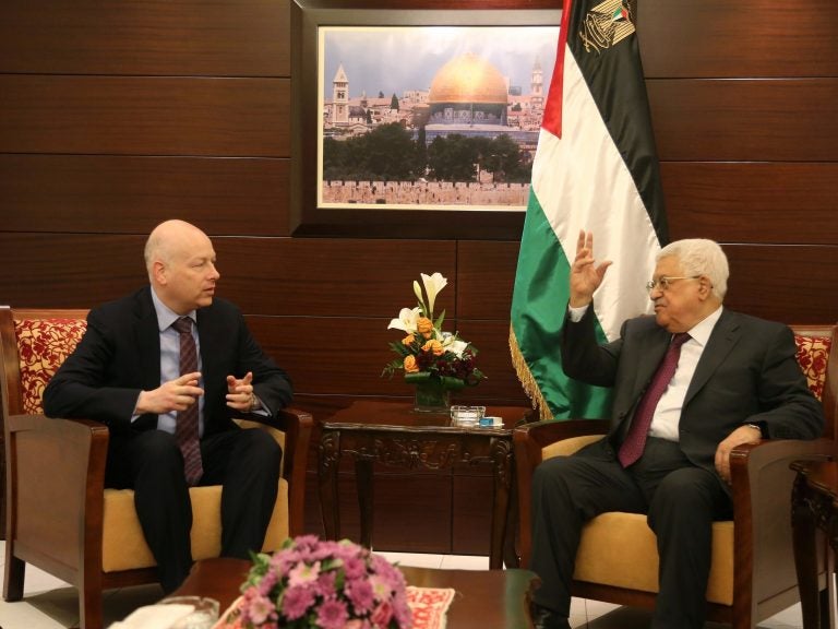 Special representative for international negotiations, Jason Greenblatt (left) and Palestinian President Mahmoud Abbas (right) meet in Ramallah, West Bank on May 25, 2017. (Anadolu Agency/Getty Images)