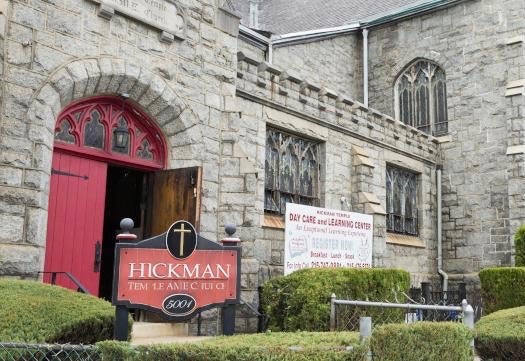 Hickman Temple AME Church, its facade reinforced and its doors open for its first Sunday service since April 2017. ( Rachel Wisniewski for WHYY)