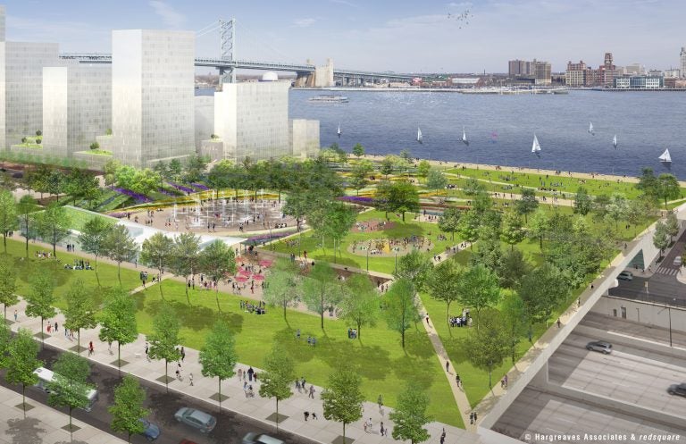 Plans for a new waterfront park over I-95 at Penn's Landing (Courtesy of  Hargreaves Associates & redsquare)