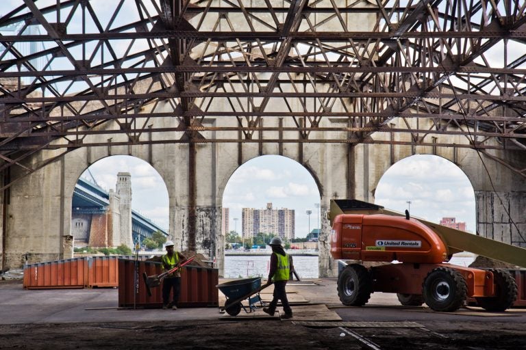 Construction is underway at the Cherry Street Pier. (Kimberly Paynter/WHYY)