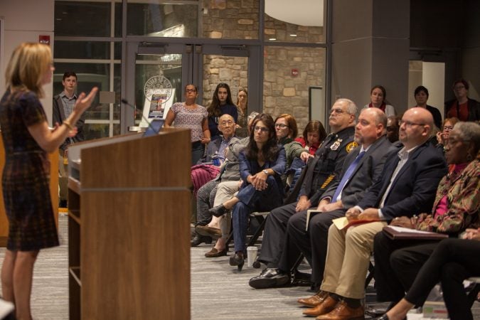 Residents gathered together at the new Haverford Township Building for a town hall meeting to address racism and racial bias in the Haverford Township school district. (Emily Cohen for WHYY)