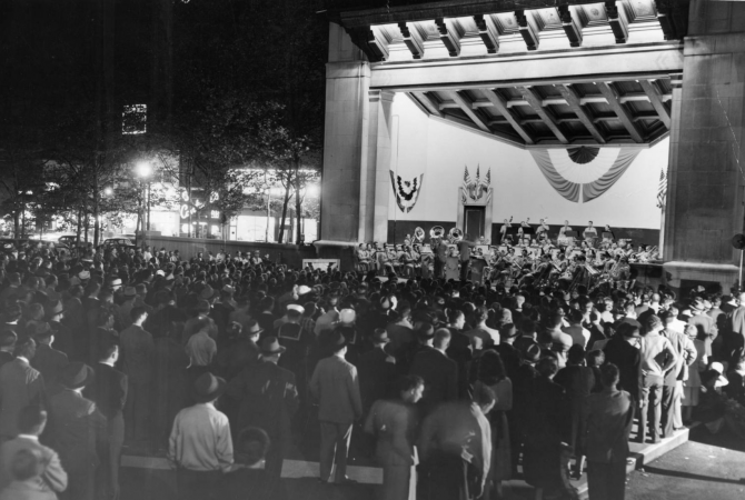 1951: United States Army field band performs in Reyburn Plaza, Evening Bulletin | Special Collections Research Center, Temple University Libraries, Philadelphia, PA