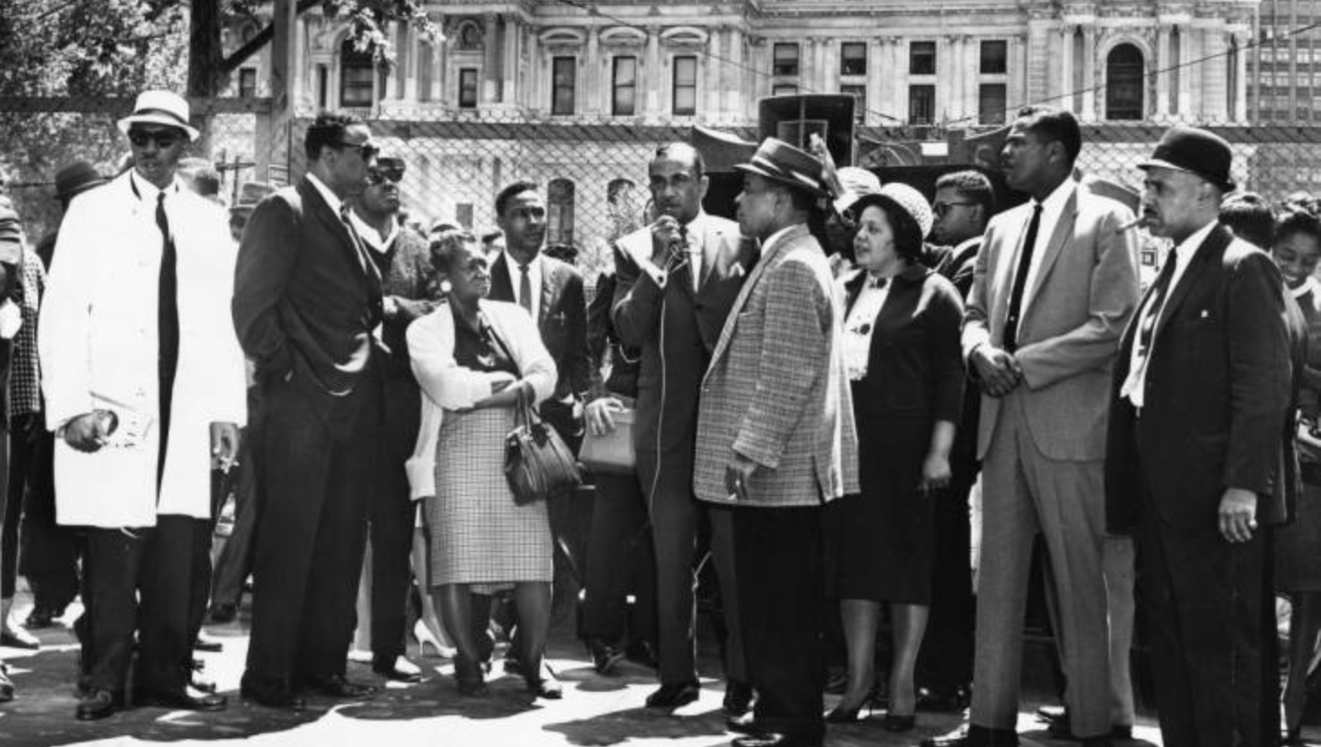 1963: Cecil B. Moore addresses demonstrators at Municipal Services Building site. (Special Collections Research Center, Temple University Libraries, Philadelphia PA)