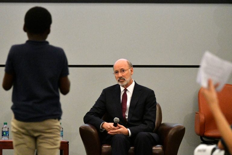 Governor Tom Wolf listens to a question from a student at a forum at the School District of Philadelphia's headquarters (Bastiaan Slabbers for WHYY)