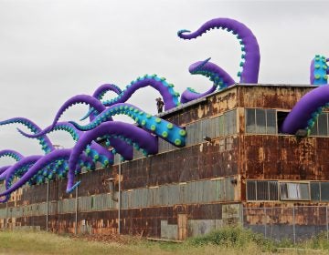 Giant purple green and blue tentacles protrude from the windows of a dilapidated warehouse at the navy yard