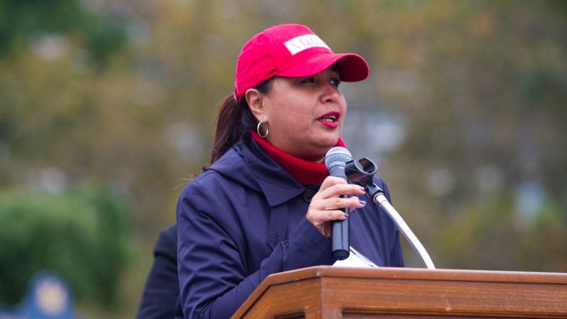 Councilwoman María Quiñones-Sánchez speaks at a rally to commemorate the people who died in Hurricane Maria in Puerto Rico. (Miguel Martinez for WHYY)