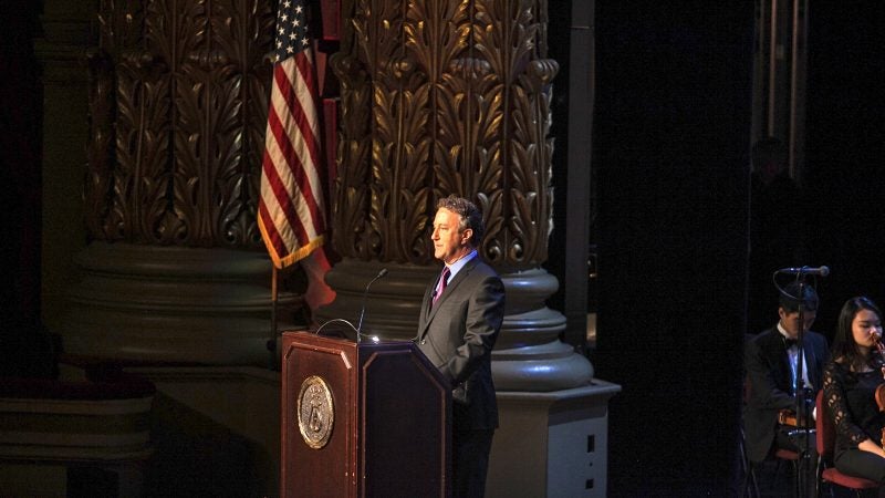 Jim Friedlich, CEO of The Lenfest Institute for Journalism, speaks at a memorial service for the late H.F. 