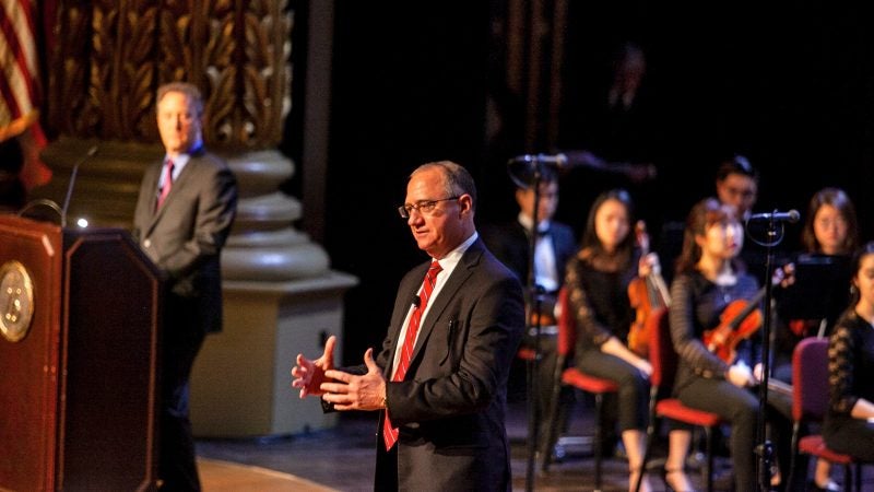 Terry Egger, CEO of Philadelphia Media Network, speaks at a memorial service for the late H.F. 