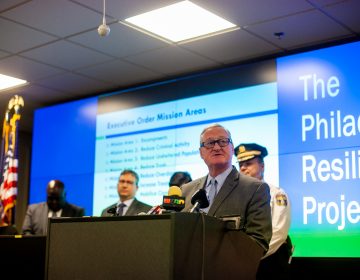 Mayor Jim Kenney and city officials speak at a press conference on the city's emergency response to combat the opiod epidemic in Kensington and surrounding neighborhoods. (Brad Larrison for WHYY)