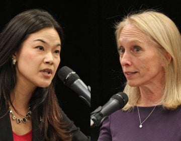 Candidates for Pennsylvania's 5th Congressional District, Republican Pearl Kim (left) and Democrat Mary Gay Scanlon, square off during a debate at Delaware County Community College in Delaware. (Emma Lee/WHYY)