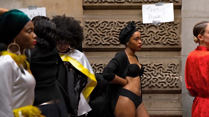 Bella Renee waits backstage to be fitted for the runway at Philadelphia Fashion Week, held at Dilworth Park. (Kriston Jae Bethel for WHYY)