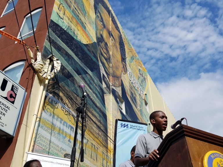 The Octavius Catto mural at Broad and Catharine streets was dedicated at a Tuesday ceremony.(Peter Crimmins/WHYY)