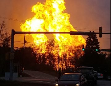 In this photo taken by Salem Township Supervisor Kerry Jobe, flames erupt during a natural gas explosion at a pipeline complex in Greensburg, Pa., Friday, April 29, 2016. The explosion, which burned one person, caused flames to shoot above nearby treetops in the largely rural Salem Township, about 30 miles east of Pittsburgh, and prompted authorities to evacuate businesses nearby. The cause of the blast wasn't immediately clear. (Kerry Jobe via AP)
