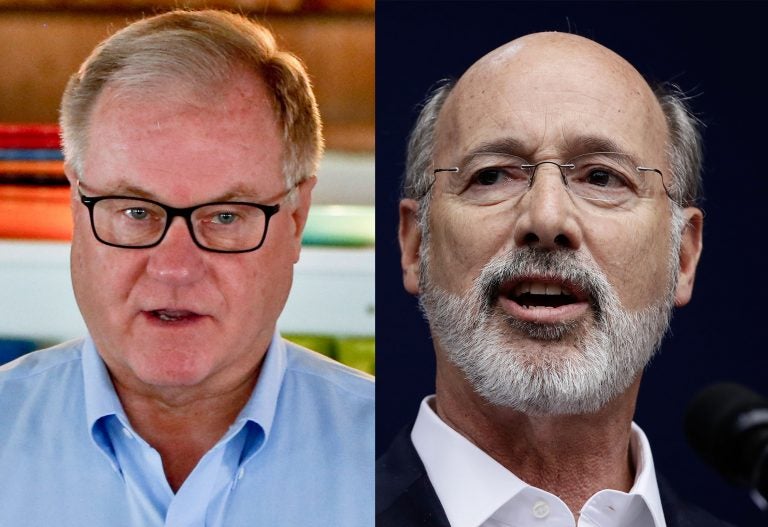 Republican Scott Wagner (left) has vowed to stomp on the face of Gov. Tom Wolf, a Democrat, in the increasingly vitriolic Pennsylvania gubernatorial campaign. A Wagner campaign spokesman says the threat was metaphorical. (AP file photos)