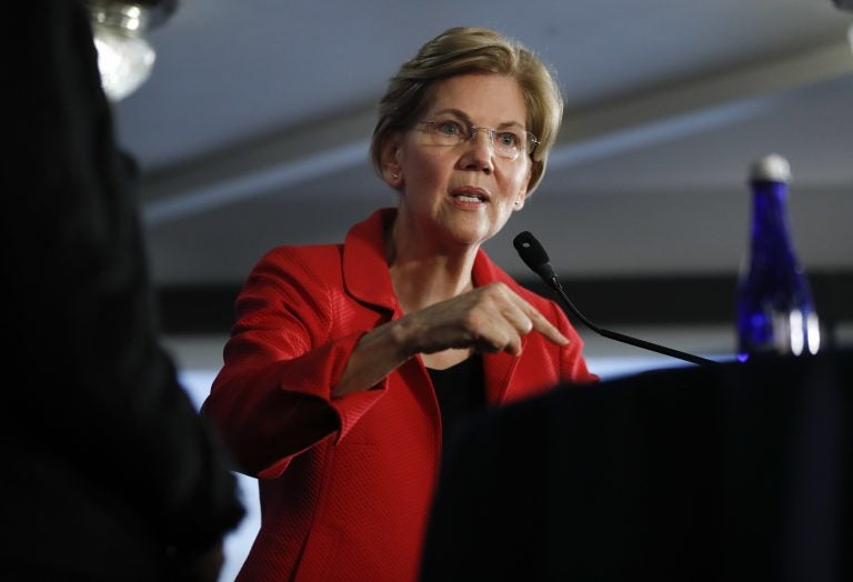 Sen. Elizabeth Warren, D-Mass., gestures while speaking at the National Press Club in Washington, Tuesday, Aug. 21, 2018. (Pablo Martinez Monsivais/AP Photo)