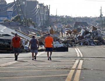 People walk amidst destruction on the main street of Mexico Beach, Fla., in the aftermath of Hurricane Michael on Thursday, Oct. 11, 2018. (AP Photo/Gerald Herbert)
