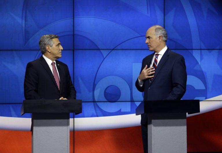 U.S. Sen.Bob Casey, D-PA, delivers his closing statement during a debate with Republican challenger U.S. Rep. Lou Barletta, Saturday Oct. 20, 2018, in the studio of WPVI-TV in Philadelphia. Casey, 58, of Scranton, is seeking a third six-year term. Barletta, 62, of Hazleton, is in his fourth term in Congress. (AP Photo/Jacqueline Larma)