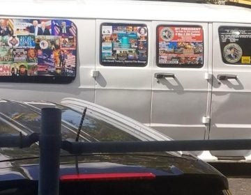 This Nov. 1, 2017, photo shows a van with windows covered with an assortment of stickers in Well, Fla. Federal authorities took Cesar Sayoc into custody on Friday, Oct. 26, 2018, and confiscated his van, which appears to be the same one, at an auto parts store in Plantation, Fla., in connection with the mail-bomb scare that has targeted prominent Democrats from coast to coast. (Courtesy of Lesley Abravanel via AP)