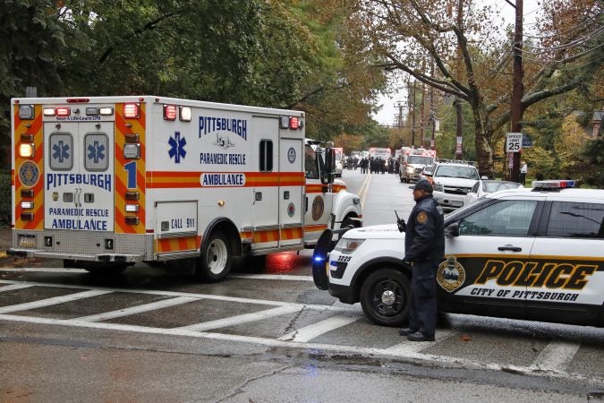 An ambulance arrives at the Tree of Life Synagogue where a shooter opened fire Saturday, Oct. 27, 2018. (Gene J. Puskar/AP Photo)