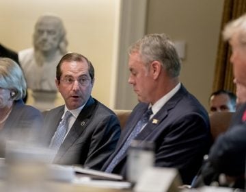 Health and Human Services Secretary Alex Azar, (center), accompanied by Education Secretary Betsy DeVos, (left), Interior Secretary Ryan Zinke, (right), and President Donald Trump, (right), speaks during a cabinet meeting in the Cabinet Room of the White House, Thursday, Aug. 16, 2018, in Washington. (Andrew Harnik/AP Photo)