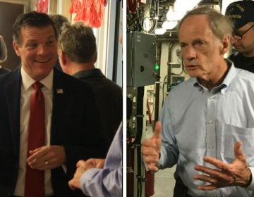 Republican Rob Arlett (left) is challenging three-term U.S. Senator Tom Carper of Delaware. (Mark Eichmann/WHYY)