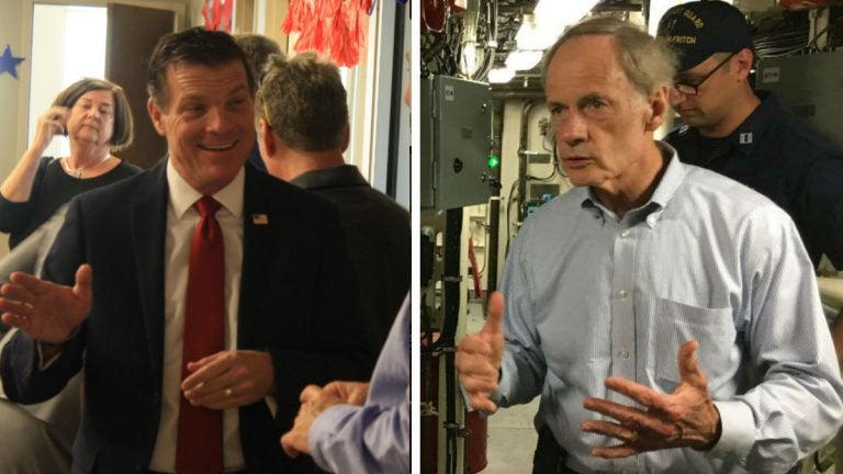 Republican Rob Arlett (left) is challenging three-term U.S. Senator Tom Carper of Delaware. (Mark Eichmann/WHYY)