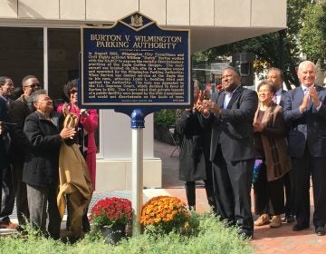 Members of Dutch Burton's family join city leaders in unveiling a historic marker commemorating Burton's fight against discrimination. (Mark Eichmann/WHYY)