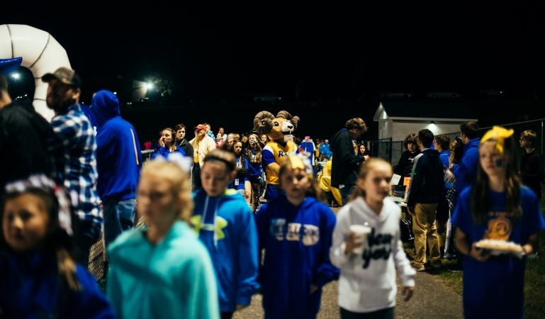 Rudi, the Kennard-Dale High School Ram, in the crowd during the football game. (Dani Fresh for WHYY)