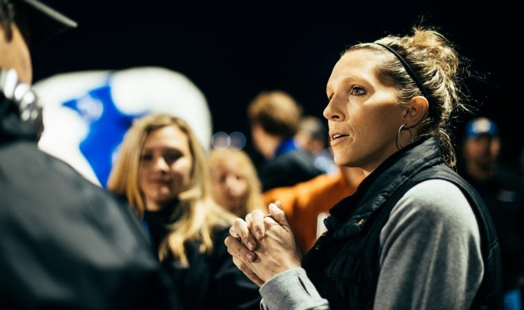 Parent Christina Markel at a Kennard-Dale football game. (Dani Fresh for WHYY)