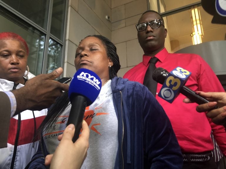 Donna Clement-Jackson, the godmother of David Jones, stands with other supporters of Jones after a court hearing for former Philadelphia Police officer Ryan Pownall, who is being charged in the death of Jones.  (Bobby Allyn/WHYY)