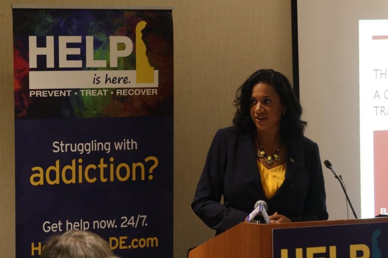 Delaware's Department of Health and Social Services Secretary Kara Odom Walker outlines the state's new effort to connect victims of substance abuse with social services provided by the state. (Mark Eichmann/WHYY)