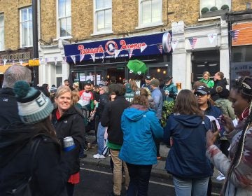 Hundreds of people gathered at Passyunk Avenue, a Philly-themed dive bar in London, for the Eagles matchup against the Jacksonville Jaguars at Wembley Stadium on Sunday, Oct. 28, 2018. (Jim Saksa/WHYY)