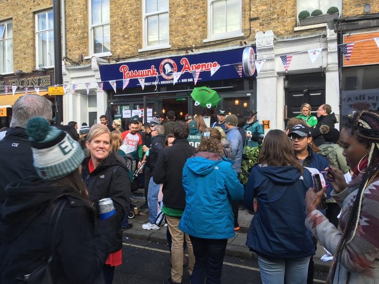 Hundreds of people gathered at Passyunk Avenue, a Philly-themed dive bar in London, for the Eagles matchup against the Jacksonville Jaguars at Wembley Stadium on Sunday, Oct. 28, 2018. (Jim Saksa/WHYY)