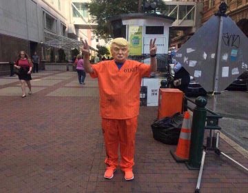 Protester dressed as Trump in a prison uniform