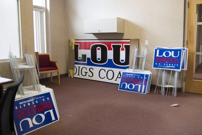 Signs of support for Senate candidate Lou Barletta, in a makeshift Republican Party office in downtown Hazleton. (Jen Kinney/Keystone Crossroads)