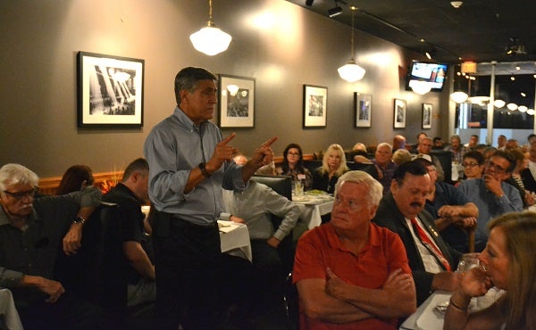 Republican U.S. Rep. Lou Barletta speaks to supporters at Alfredo's Pizza & Restaurant in Scranton, Lackawanna County, Tuesday Oct. 9, 2018. (Brett Sholtis/WITF)