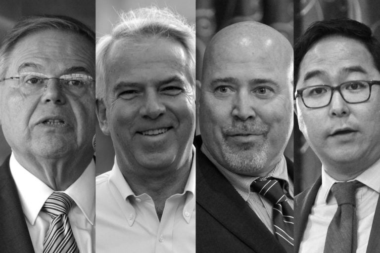 (From left) U.S. Sen. Bob Menendez running for re-election, his Republican challenger, Bob Hugin; U.S. Rep. Tom MacArthur running for re-election in New Jersey's 3rd District, his challenger, Andy Kim, a Democrat. (Emma Lee/WHYY, Julio Cortez/AP Photo; Emma Lee/WHYY; Emma Lee/WHYY) 