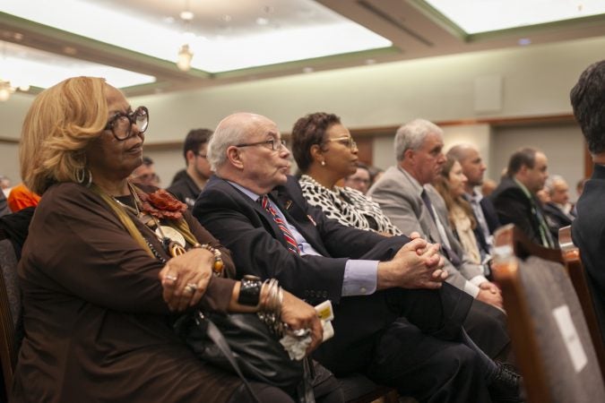 Glassboro, NJ - OCTOBER 18, 2018: A crow gather for Former New Jersey Governor Chris Christie first appearance since leaving office at an event titled The Future of the Republican Party at Rowan University. (Miguel Martinez for WHYY)