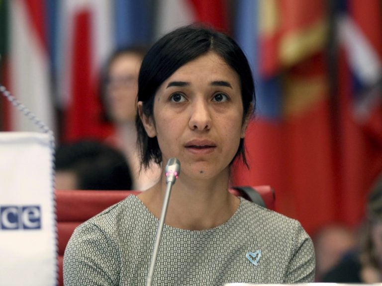 The 2018 Nobel Peace Prize has been awarded to Nadia Murad (pictured) and Dr. Denis Mukwege, a gynecologist from the Democratic Republic of the Congo, for their efforts to combat wartime sexual assault. (Ronald Zak/AP)