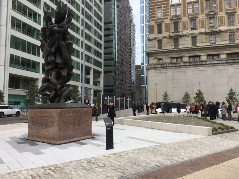 The plaza at 16th Street and Benjamin Franklin Parkway in Center City Philadelphia surrounds a bronze statue installed in 1964. The statue is America’s oldest public Holocaust memorial. (Avi Wolfman-Arent/WHYY)